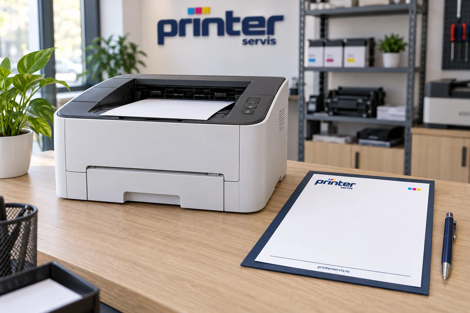 Ilustracija štampača i memoranduma sa logotipom Printer Servisa